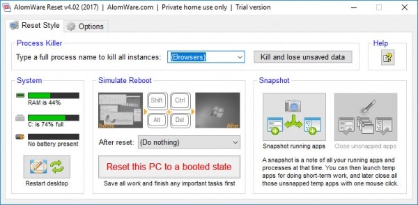 AlomWare Reset — утилита для симуляции перезагрузки Windows
